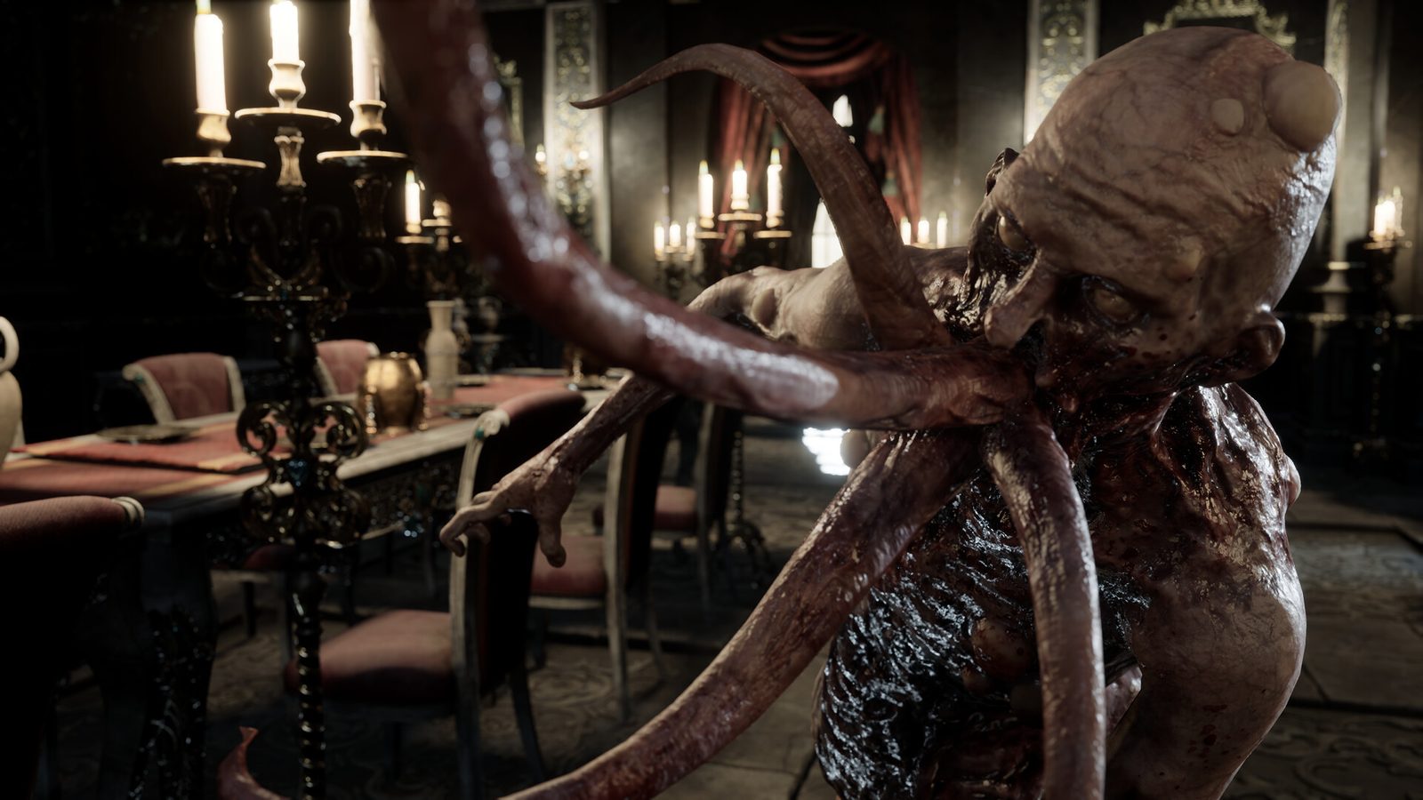 Official Steam store screenshot — a candlelit parlour with scarlet upholstery