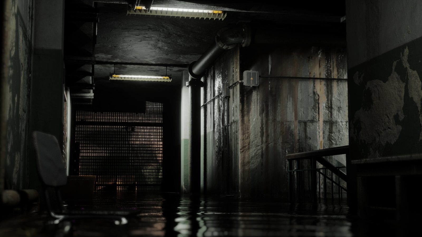 Official Steam store screenshot — a concrete utility corridor lit by a handheld light